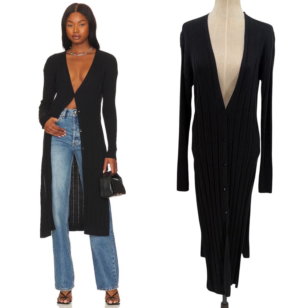 Free People Skylight Ribbed Longline Cardigan Black Button Front Small